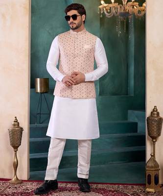 peach jacqaurd 3 piece kurta nehru jacket set for men 2