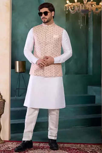 peach jacqaurd 3 piece kurta nehru jacket set for men
