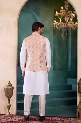 peach jacqaurd 3 piece kurta nehru jacket set for men