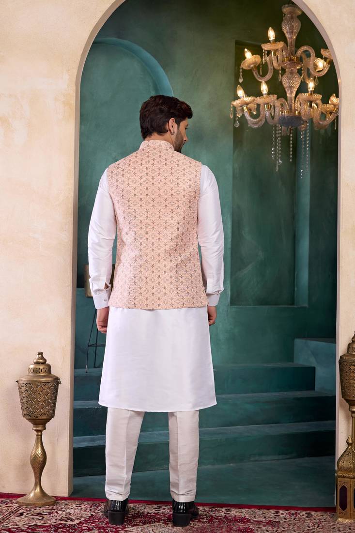 Peach jacqaurd 3 piece kurta jacket set for men