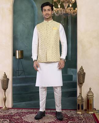 yellow jacqaurd 3 piece kurta nehru jacket set for men 1