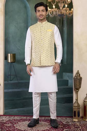 yellow jacqaurd 3 piece kurta nehru jacket set for men