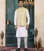 Yellow jacqaurd 3 piece kurta jacket set for men