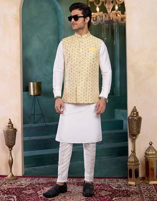 yellow jacqaurd 3 piece kurta nehru jacket set for men 2