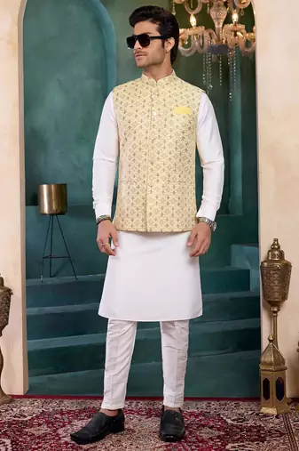 yellow jacqaurd 3 piece kurta nehru jacket set for men