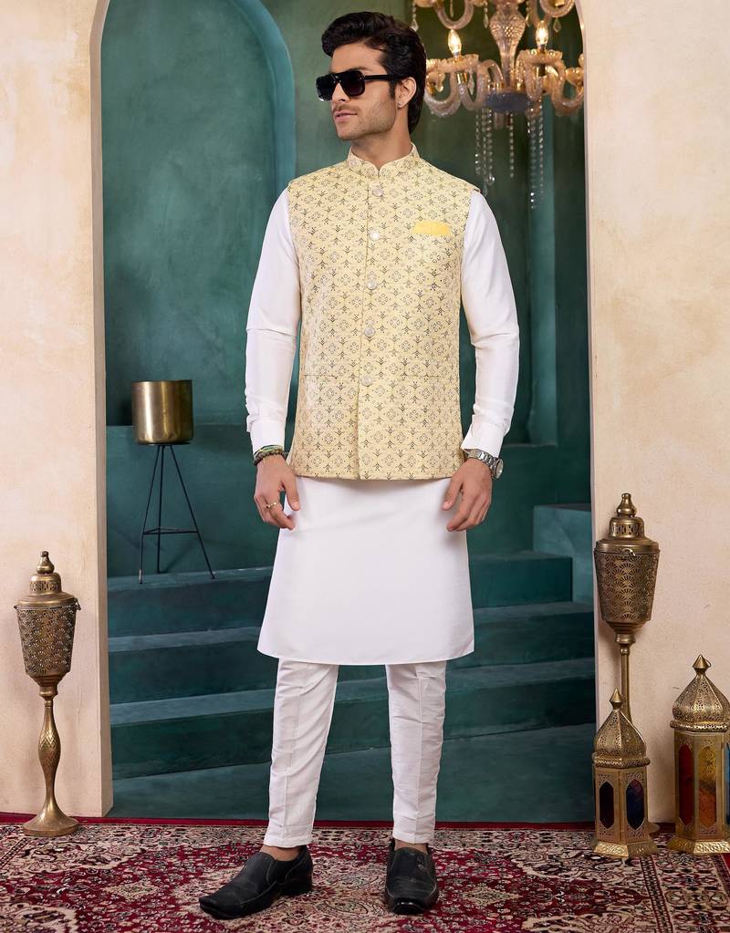 Yellow jacqaurd 3 piece kurta jacket set for men
