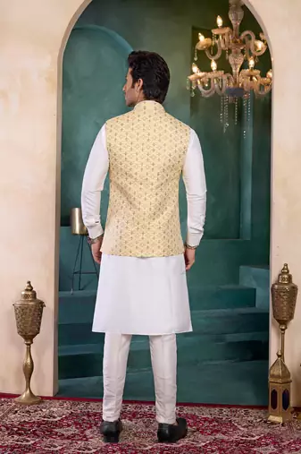 yellow jacqaurd 3 piece kurta nehru jacket set for men