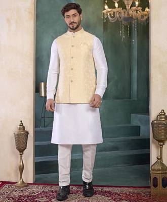 yellow jacqaurd 3 piece kurta nehru jacket set for men 1