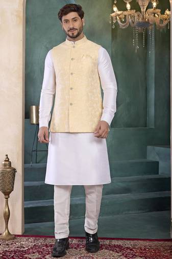 yellow jacqaurd 3 piece kurta nehru jacket set for men