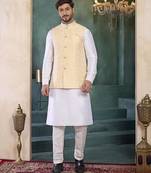 Yellow jacqaurd 3 piece kurta jacket set for men