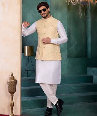 yellow jacqaurd 3 piece kurta nehru jacket set for men 2