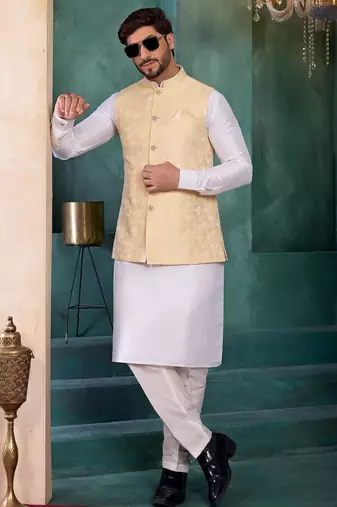 yellow jacqaurd 3 piece kurta nehru jacket set for men