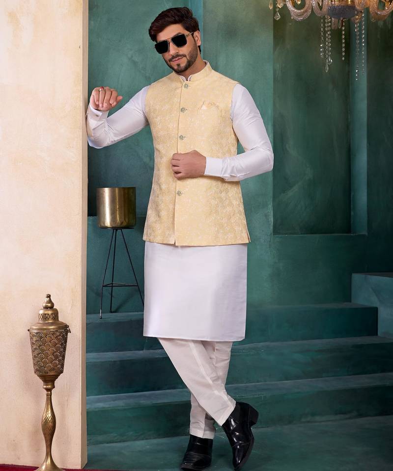 Yellow jacqaurd 3 piece kurta jacket set for men