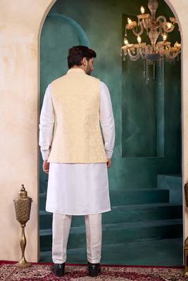 yellow jacqaurd 3 piece kurta nehru jacket set for men 3
