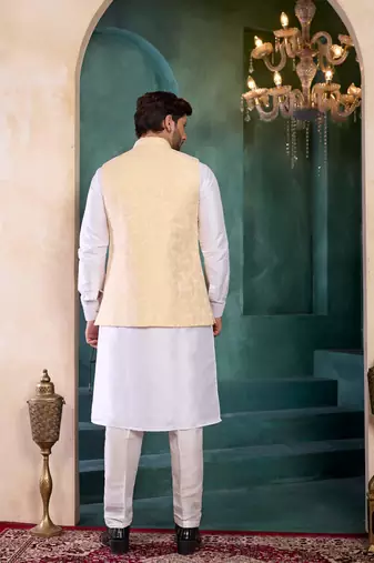 yellow jacqaurd 3 piece kurta nehru jacket set for men