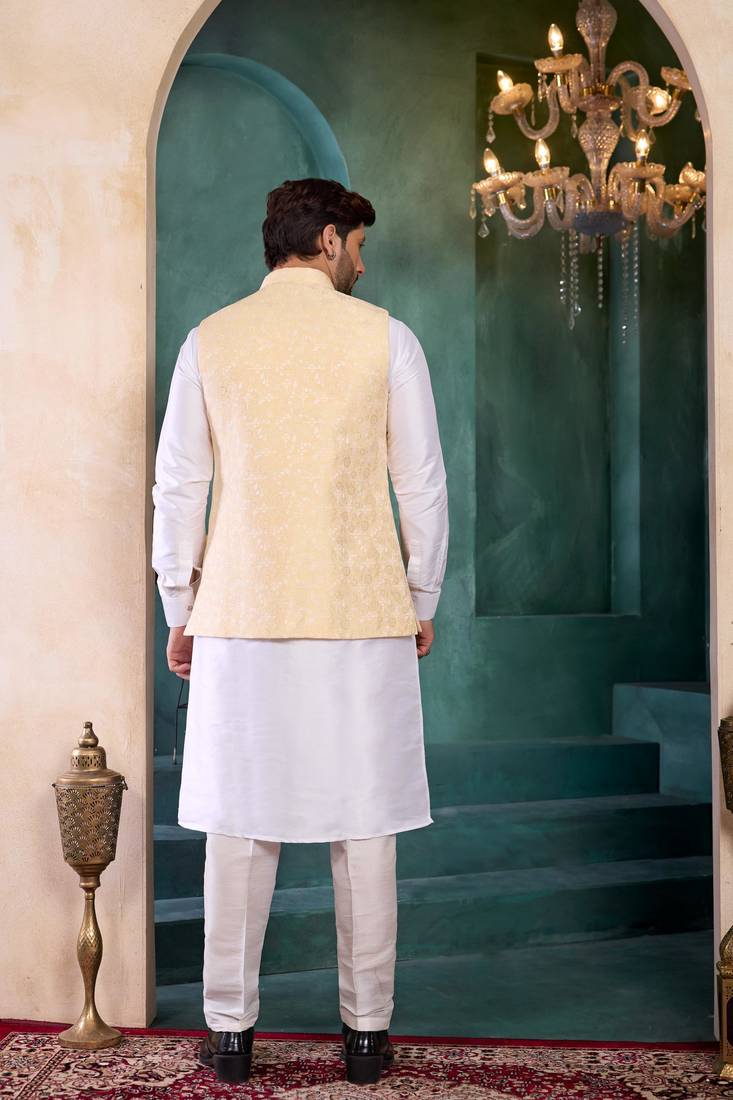 Yellow jacqaurd 3 piece kurta jacket set for men