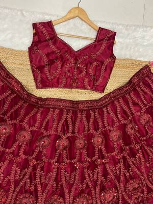 Maroon embroidered soft net lehenga choli with dupatta 2