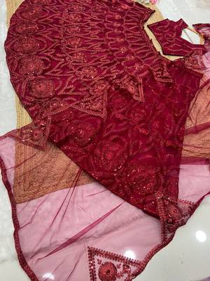 Maroon embroidered soft net lehenga choli with dupatta 3