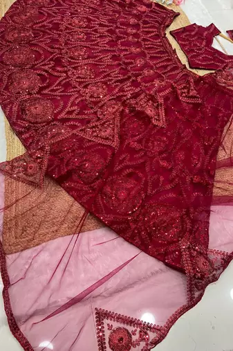 Maroon embroidered soft net lehenga choli with dupatta