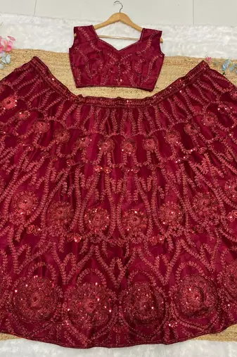 Maroon embroidered soft net lehenga choli with dupatta