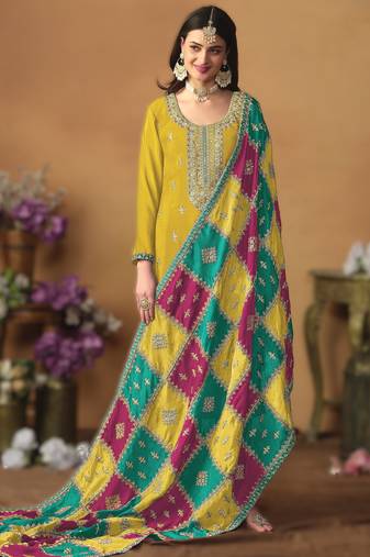Mustard chinon silk top with santoon bottom, inner & chinon silk dupatta