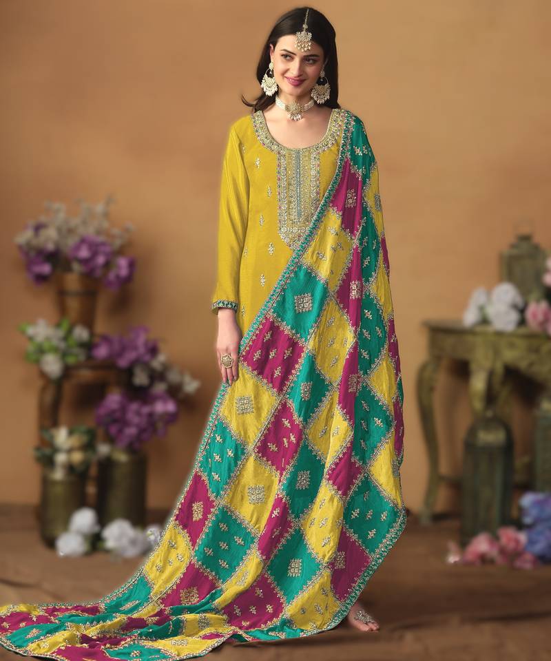 Mustard chinon silk top with santoon bottom, inner & chinon silk dupatta