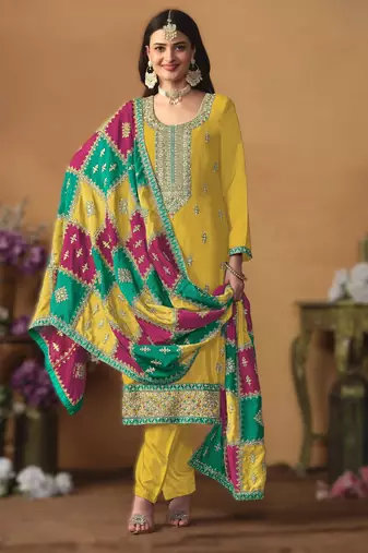mustard chinon silk top with santoon bottom inner & chinon silk dupatta