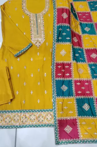 mustard chinon silk top with santoon bottom inner & chinon silk dupatta