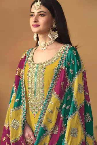 mustard chinon silk top with santoon bottom inner & chinon silk dupatta