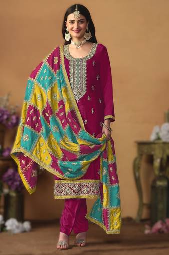 Dark-rani-pink chinon silk top with santoon bottom, inner & chinon silk dupatta