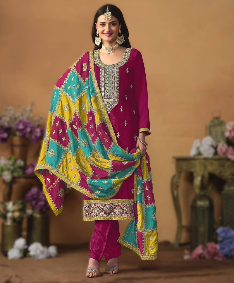 Dark-rani-pink chinon silk top with santoon bottom, inner & chinon silk dupatta