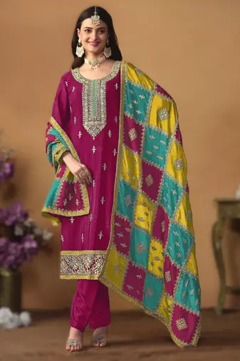 dark-rani-pink chinon silk top with santoon bottom inner & chinon silk dupatta