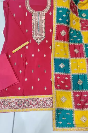 dark-rani-pink chinon silk top with santoon bottom inner & chinon silk dupatta