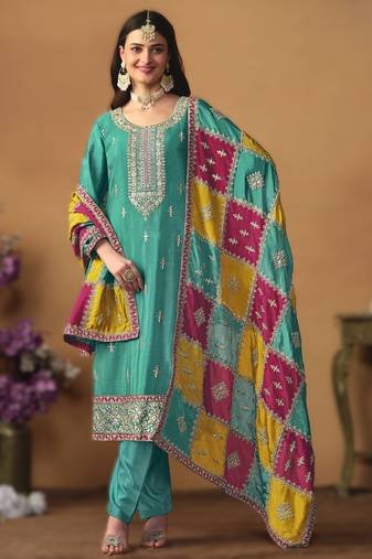 Sky-blue chinon silk top with santoon bottom, inner & chinon silk dupatta