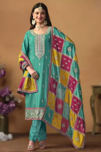 Sky-blue chinon silk top with santoon bottom, inner & chinon silk dupatta