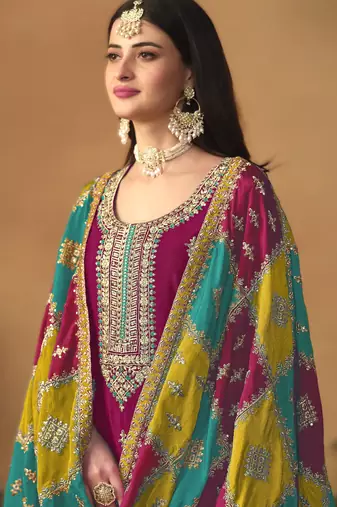 dark-rani-pink chinon silk top with santoon bottom inner & chinon silk dupatta