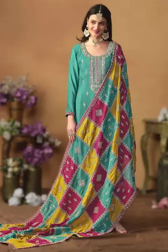 sky-blue chinon silk top with santoon bottom inner & chinon silk dupatta
