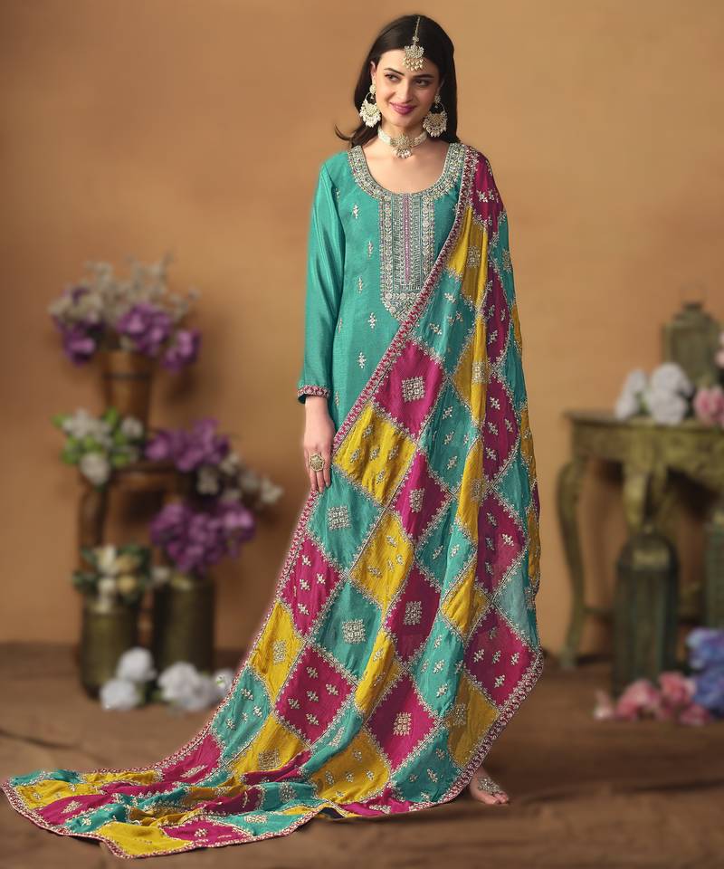 Sky-blue chinon silk top with santoon bottom, inner & chinon silk dupatta