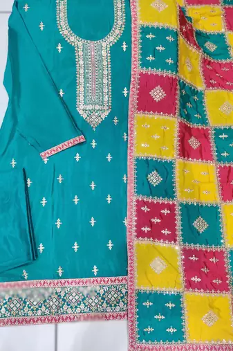 sky-blue chinon silk top with santoon bottom inner & chinon silk dupatta