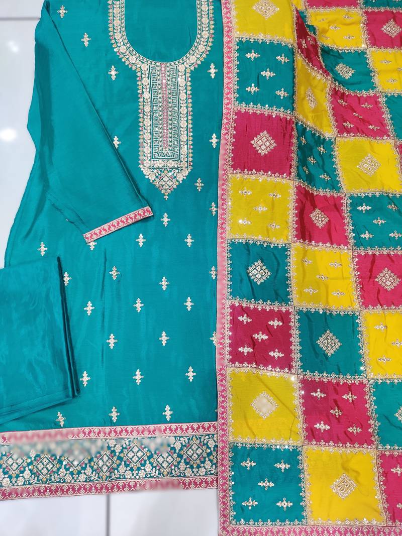 Sky-blue chinon silk top with santoon bottom, inner & chinon silk dupatta