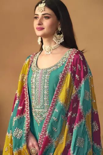 sky-blue chinon silk top with santoon bottom inner & chinon silk dupatta
