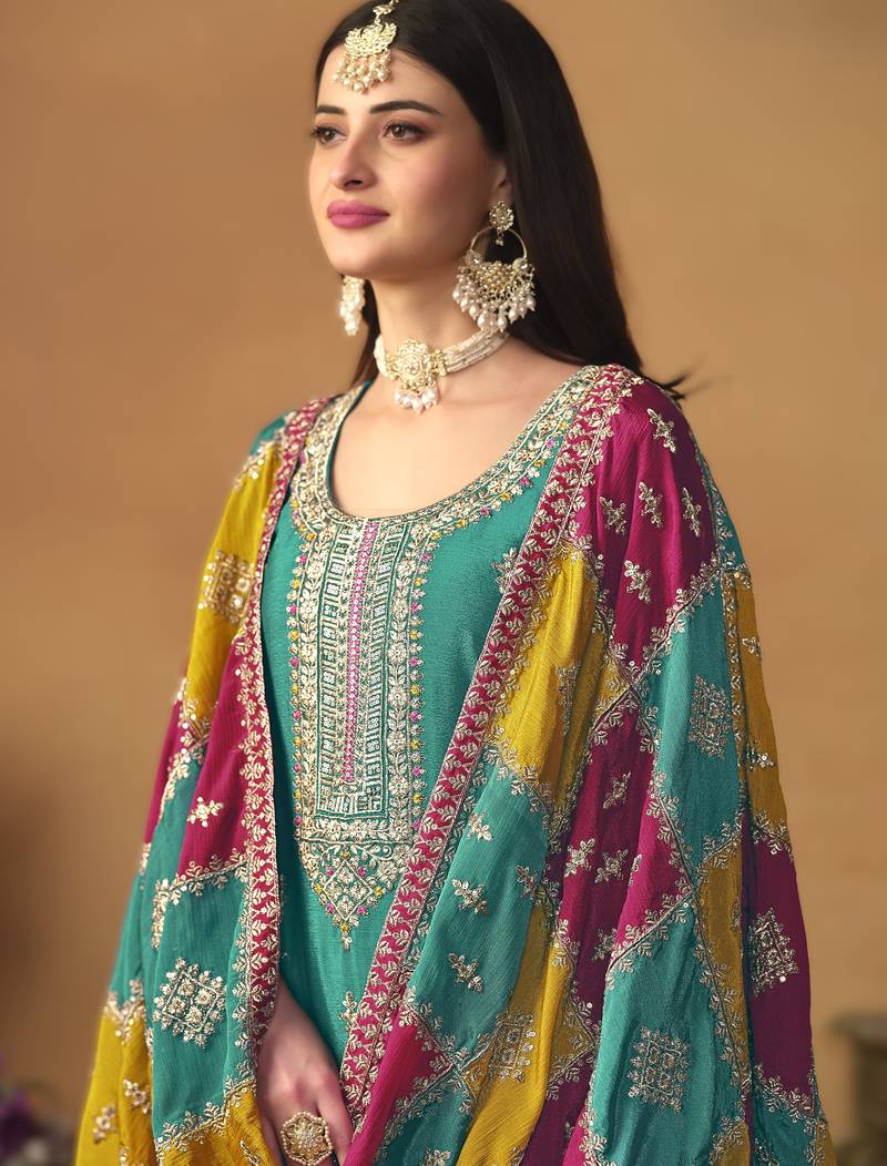 Sky-blue chinon silk top with santoon bottom, inner & chinon silk dupatta