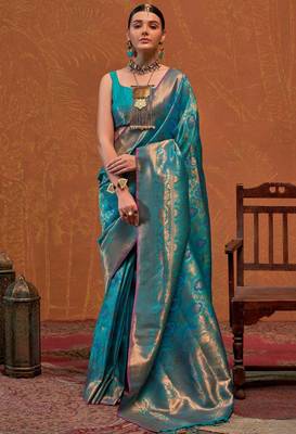 Sky Blue Silk Zari Weaving Saree With Blouse Piece For Women 1