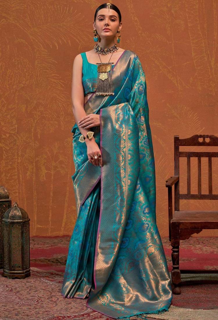 Sky Blue Silk Zari Weaving Saree With Blouse Piece For Women