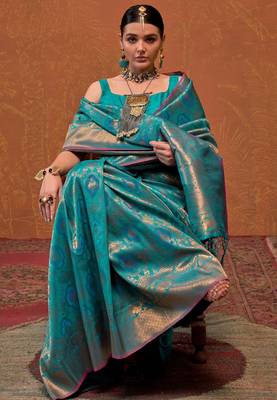 Sky Blue Silk Zari Weaving Saree With Blouse Piece For Women 2