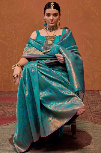Sky Blue Silk Zari Weaving Saree With Blouse Piece For Women