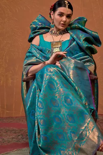 Sky Blue Silk Zari Weaving Saree With Blouse Piece For Women