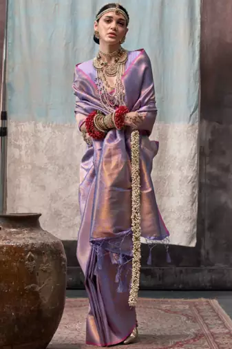 Light Lavender Silk Blend Saree with Golden Zari Weaving For Women