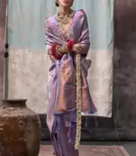 Light Lavender Silk Blend Saree with Golden Zari Weaving For Women