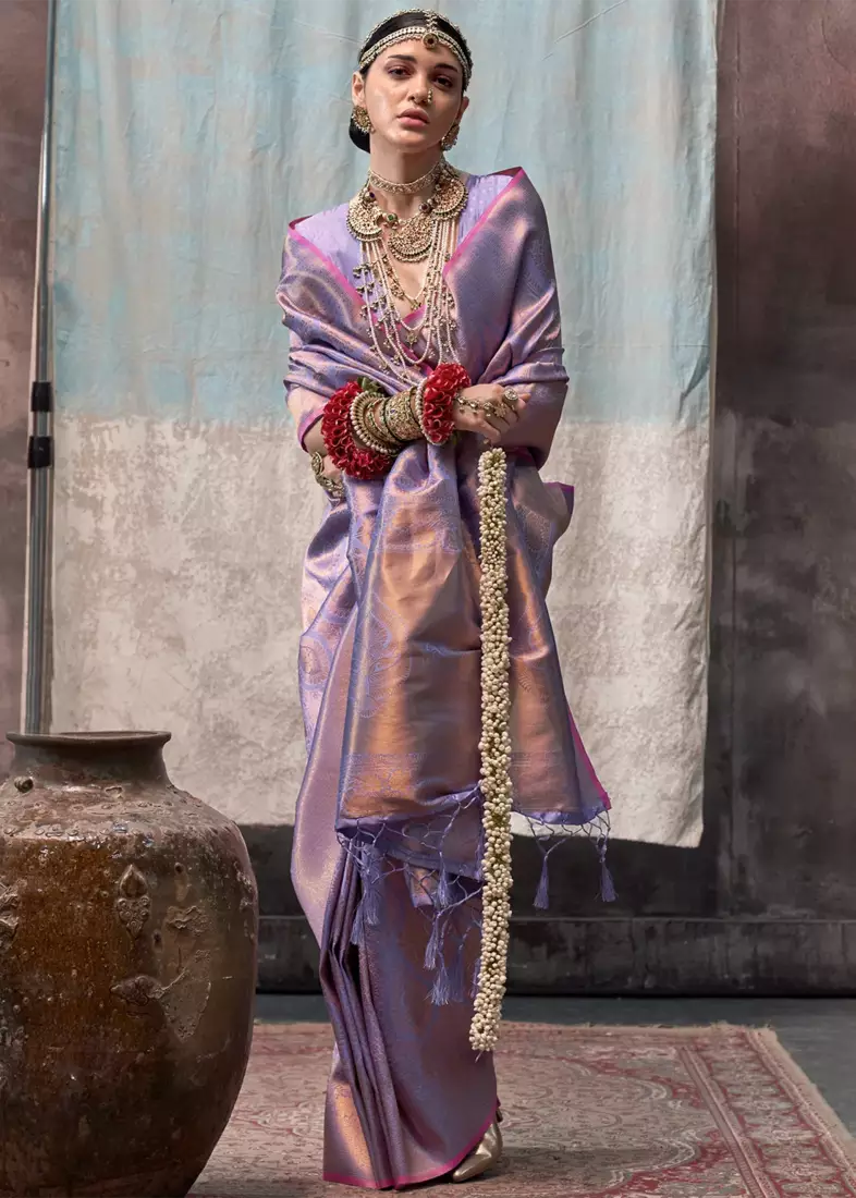 Light Lavender Silk Blend Saree with Golden Zari Weaving For Women